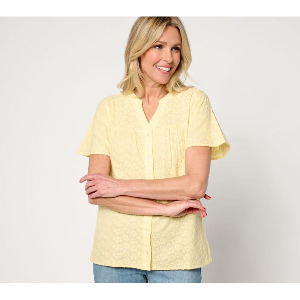 Wacoal Women's Top Sz XS Denim & Co. Allover Embroidered Flutter Yellow